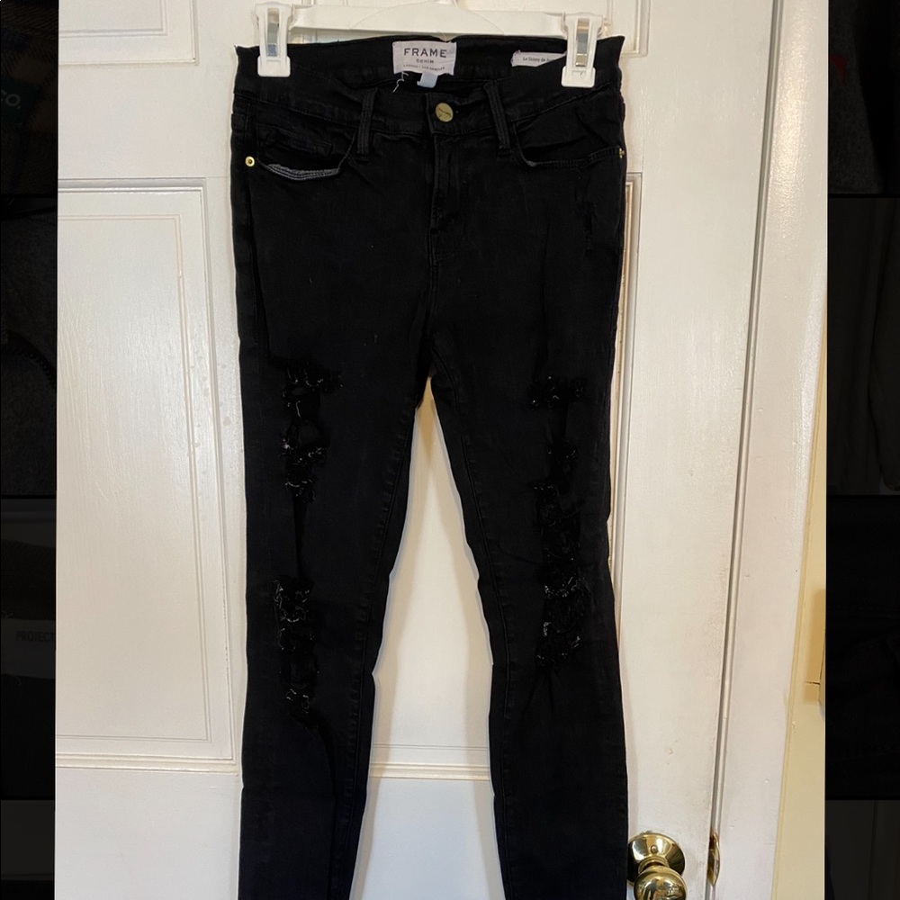 Frame denim black skinny jeans with rips size 26